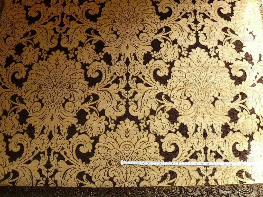 By Yard Grand Medallion Renaissance Damask Chenille Black Espresso/ Copper Gold Heavy Majestic