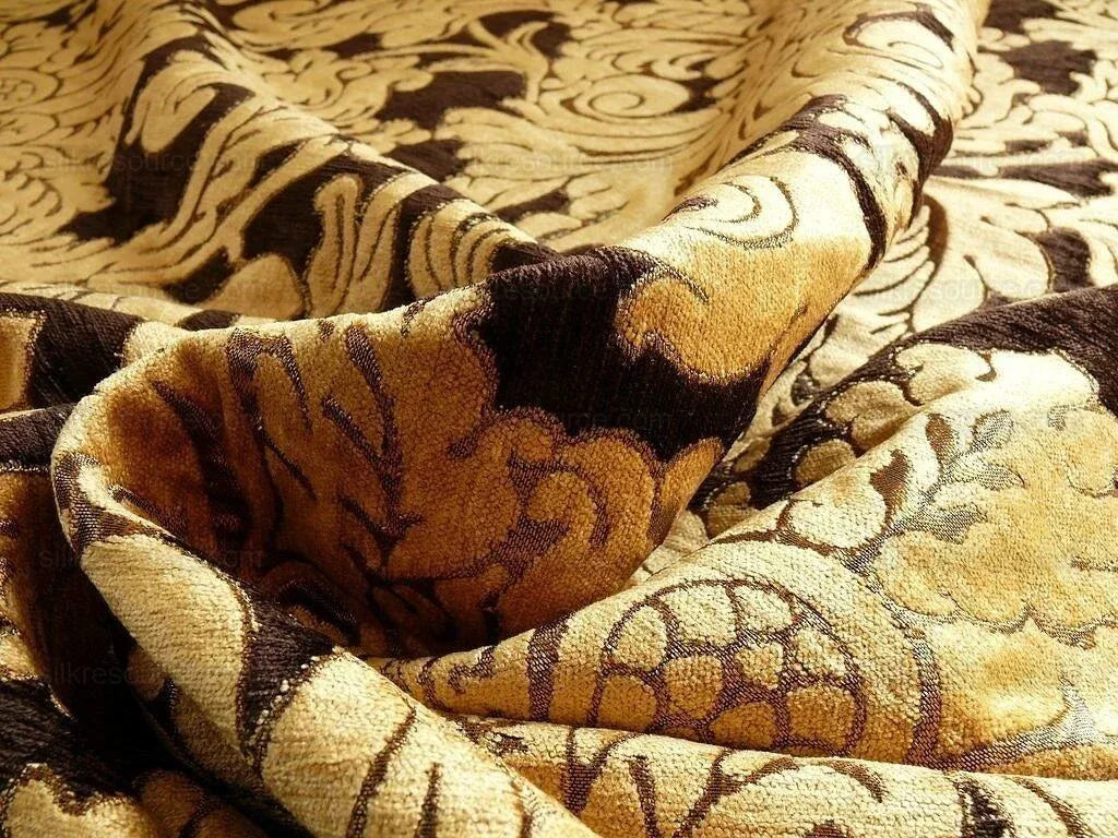 By Yard Grand Medallion Renaissance Damask Chenille Black Espresso/ Copper Gold Heavy Majestic