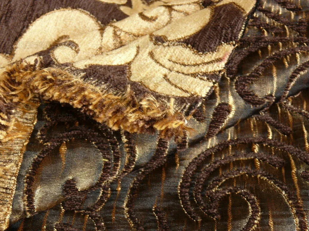 By Yard Grand Medallion Renaissance Damask Chenille Black Espresso/ Copper Gold Heavy Majestic
