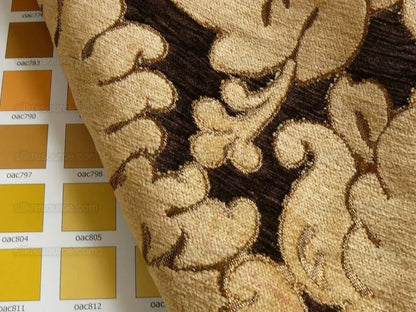 By Yard Grand Medallion Renaissance Damask Chenille Black Espresso/ Copper Gold Heavy Majestic