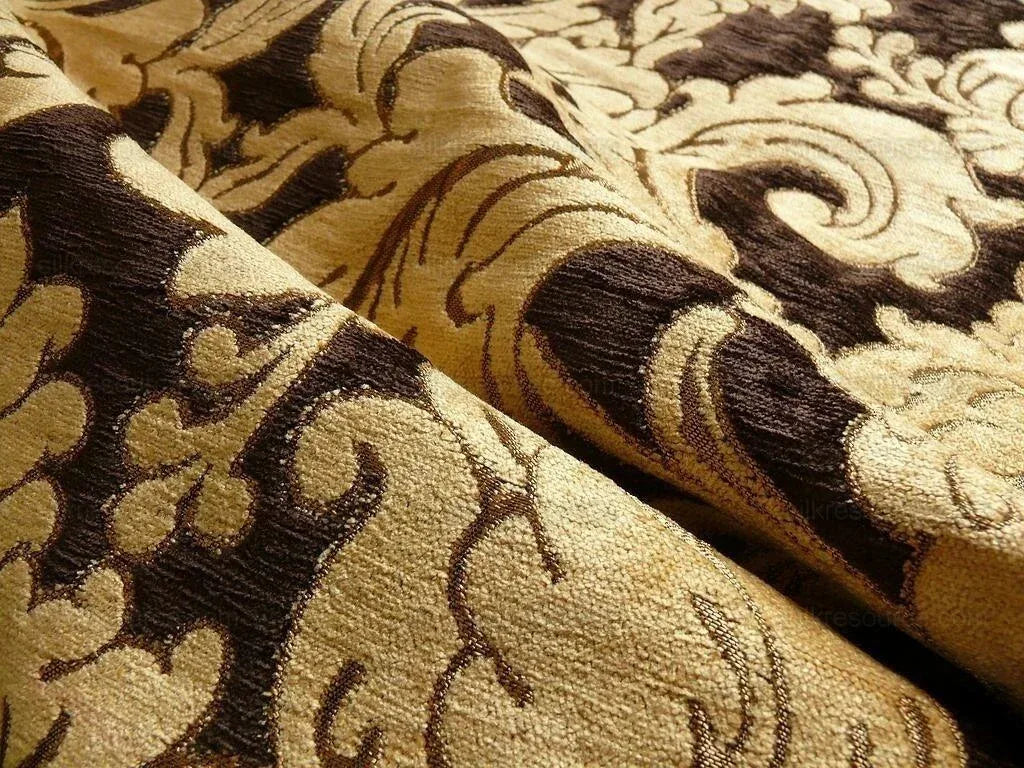 By Yard Grand Medallion Renaissance Damask Chenille Black Espresso/ Copper Gold Heavy Majestic