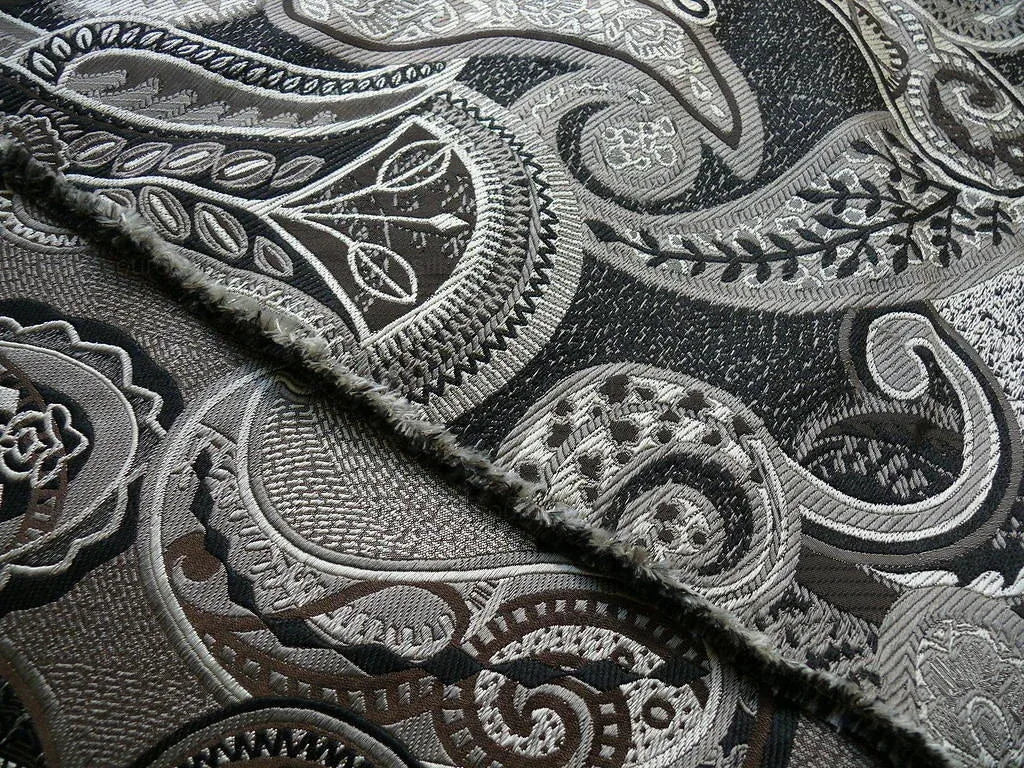 Smashing! Old World Weavers 100% Silk Ottoman Black &amp; White Silver Paisley Heavy