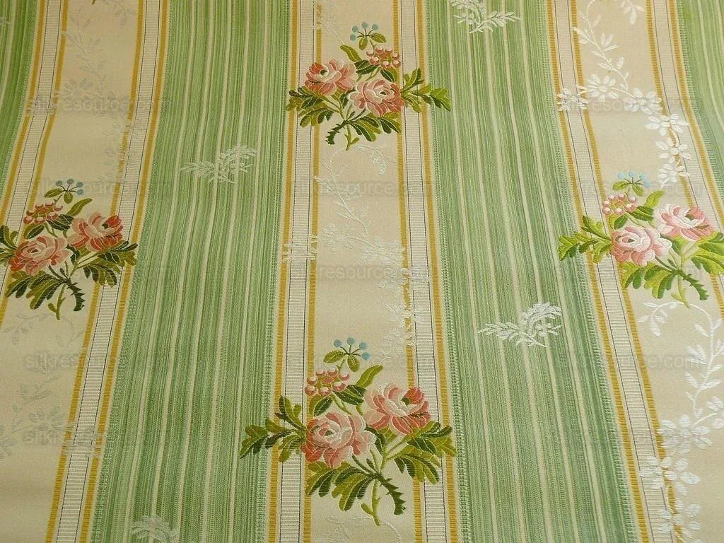 Lee Jofa Valentina Lampas Clover Green &amp; Pink Rose Silk Cotton Lampas Stripe MSRP 396 USD