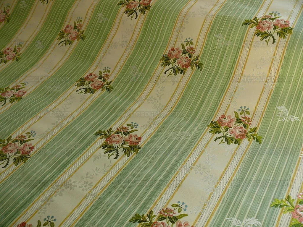 Lee Jofa Valentina Lampas Clover Green &amp; Pink Rose Silk Cotton Lampas Stripe MSRP 396 USD