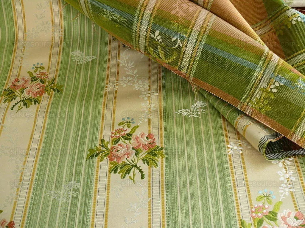 Lee Jofa Valentina Lampas Clover Green &amp; Pink Rose Silk Cotton Lampas Stripe MSRP 396 USD