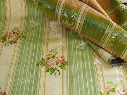 Lee Jofa Valentina Lampas Clover Green &amp; Pink Rose Silk Cotton Lampas Stripe MSRP 396 USD