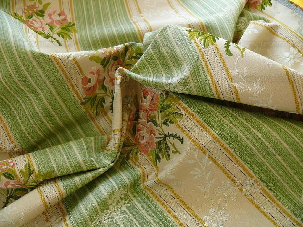 Lee Jofa Valentina Lampas Clover Green &amp; Pink Rose Silk Cotton Lampas Stripe MSRP 396 USD