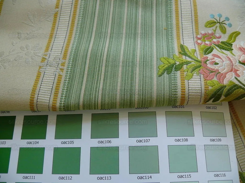 Lee Jofa Valentina Lampas Clover Green &amp; Pink Rose Silk Cotton Lampas Stripe MSRP 396 USD