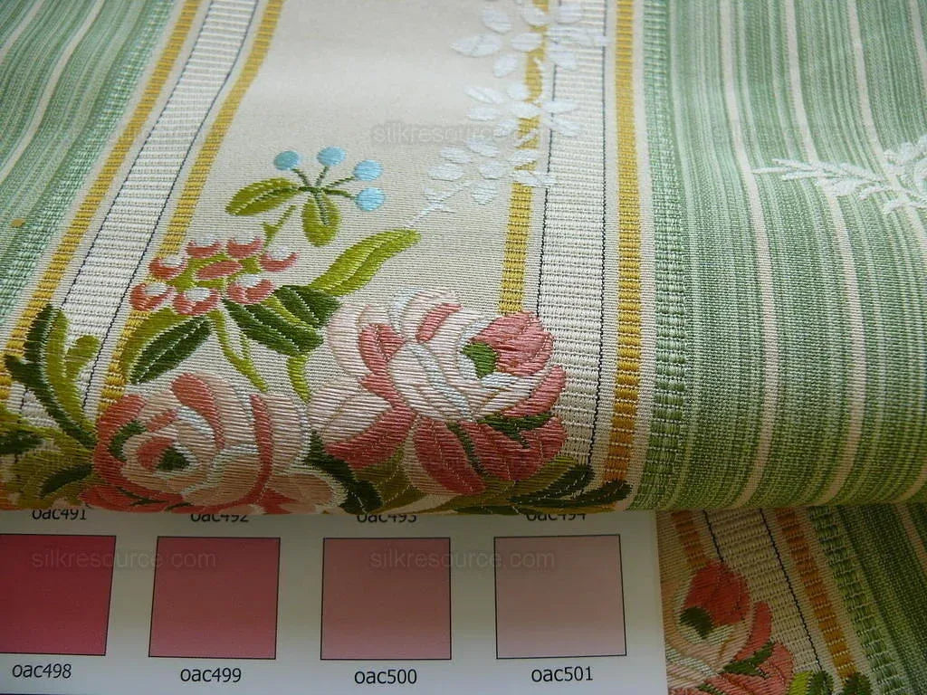 Lee Jofa Valentina Lampas Clover Green &amp; Pink Rose Silk Cotton Lampas Stripe MSRP 396 USD