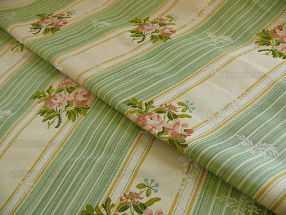 Lee Jofa Valentina Lampas Clover Green &amp; Pink Rose Silk Cotton Lampas Stripe MSRP 396 USD