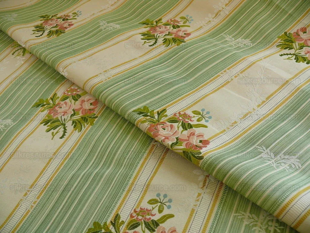 Lee Jofa Valentina Lampas Clover Green &amp; Pink Rose Silk Cotton Lampas Stripe MSRP 396 USD