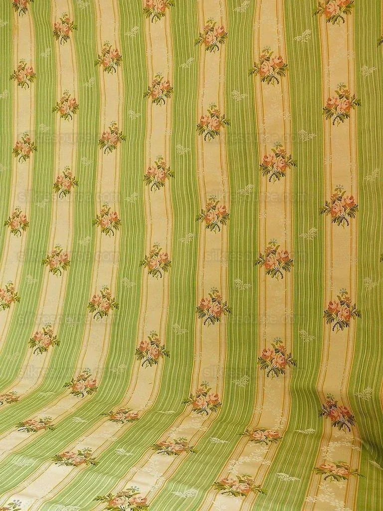 Lee Jofa Valentina Lampas Clover Green &amp; Pink Rose Silk Cotton Lampas Stripe MSRP 396 USD