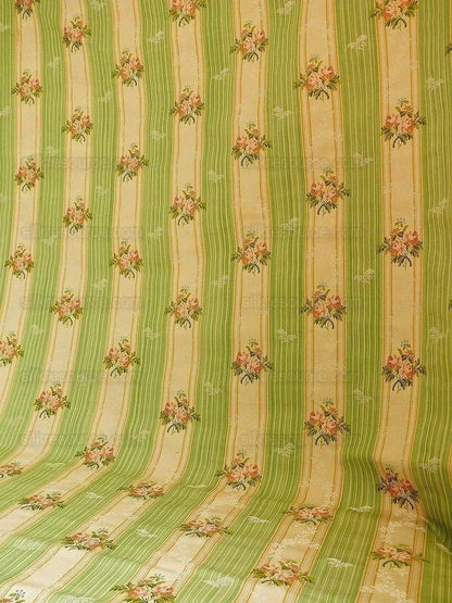 Lee Jofa Valentina Lampas Clover Green &amp; Pink Rose Silk Cotton Lampas Stripe MSRP 396 USD