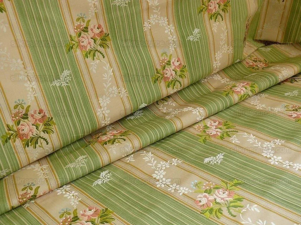 Lee Jofa Valentina Lampas Clover Green &amp; Pink Rose Silk Cotton Lampas Stripe MSRP 396 USD