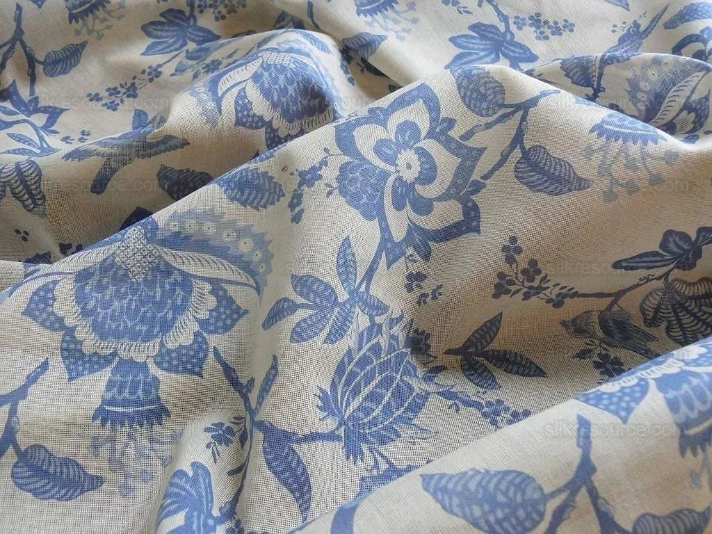 2+1.8y Lee Jofa Olivet Sheer Jacobean Flower Birds Blue &amp; White 100% Cotton Sheer