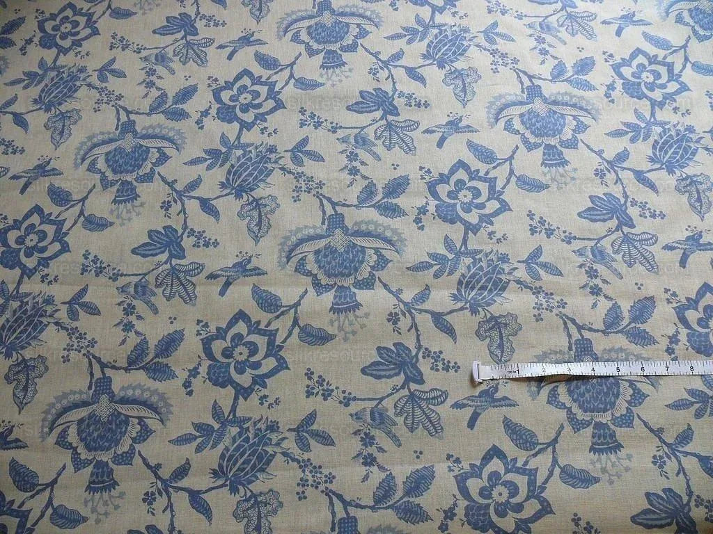 2+1.8Y LEE JOFA OLIVET SHEER JACOBEAN FLOWER BIRDS BLUE & WHITE