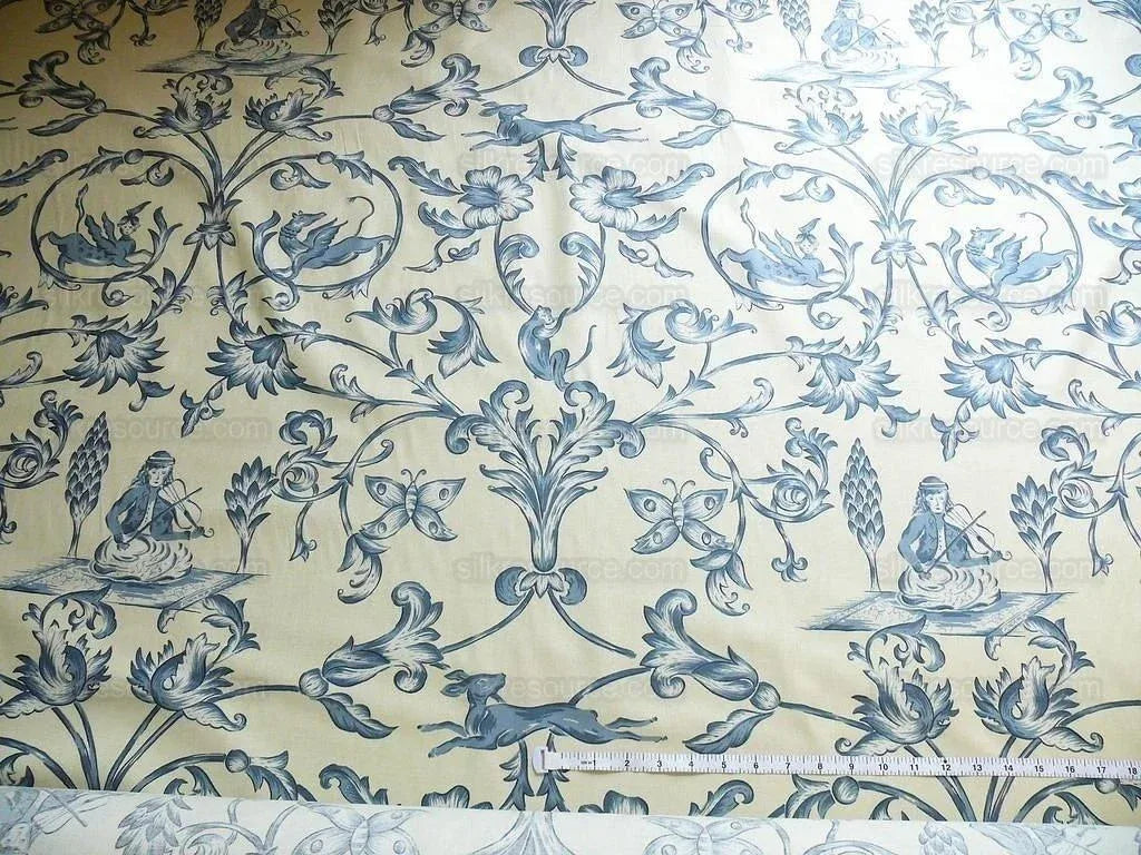 Bty Lee Jofa Dambura Print Monkey Griffin Indigo Deeper Blue Deer Music Toile Cotton Chintz