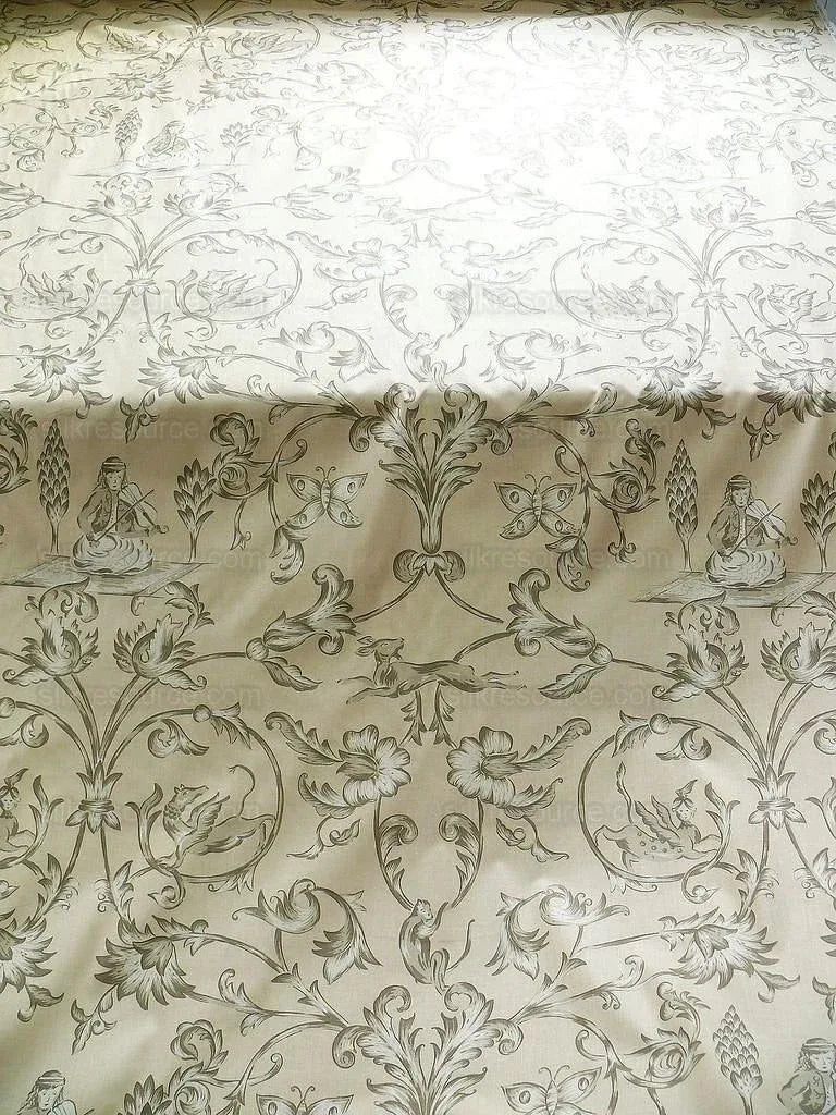 Lee Jofa Dambura Print Monkey Griffin Sandstone Grey Deer Music Toile Cotton Chintz