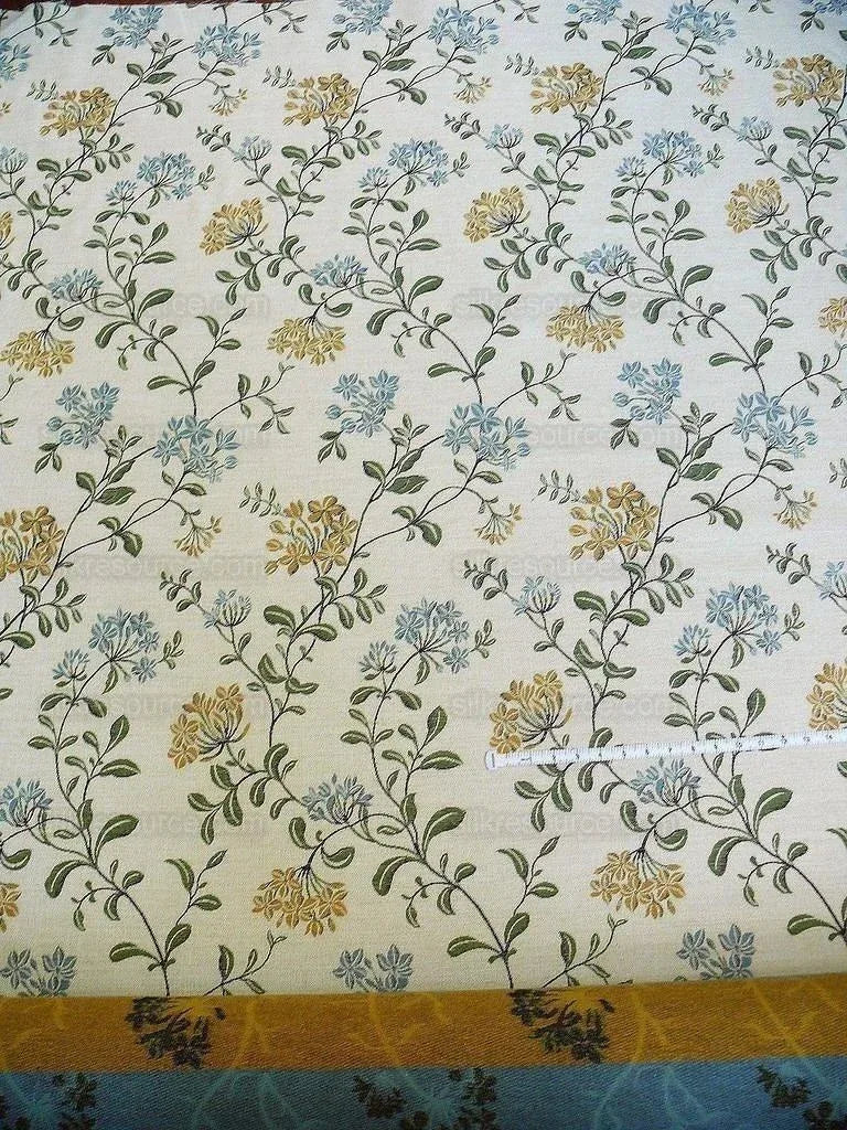 Lee Jofa Jasmine Lampas "Gilt" Honeysuckle Gold Blue Grand Floral Linen Cotton William Morris Inspired MSRP USD 236/Y
