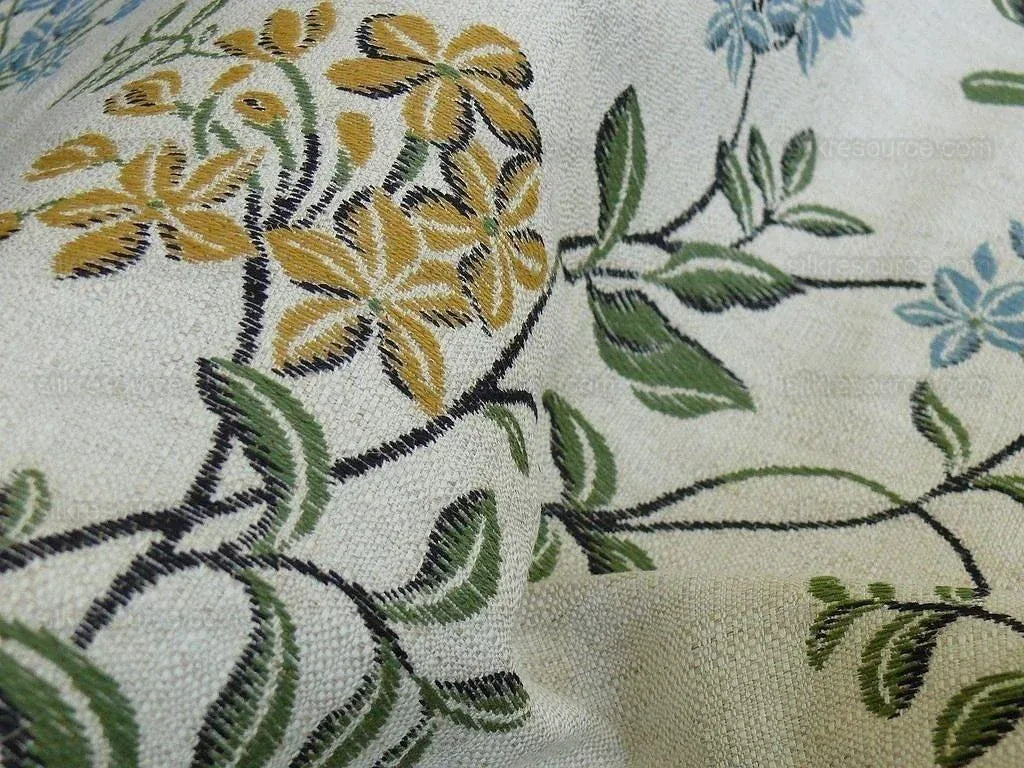 Lee Jofa Jasmine Lampas "Gilt" Honeysuckle Gold Blue Grand Floral Linen Cotton William Morris Inspired MSRP USD 236/Y