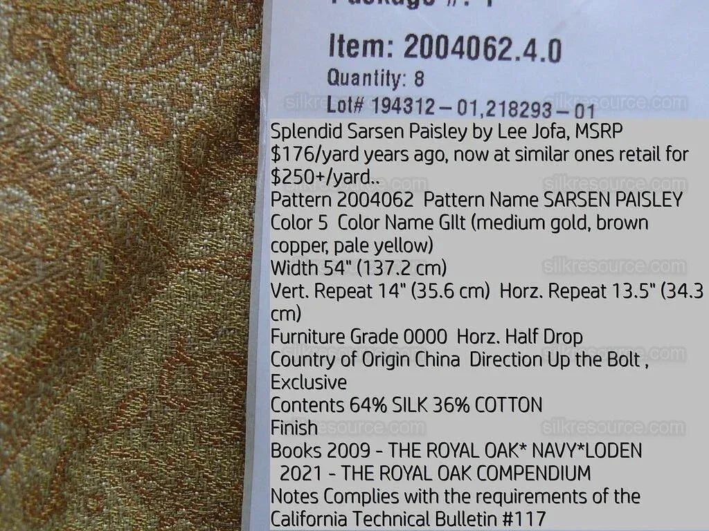By Yard Lee Jofa Sarsen Paisley Gilt Gold Classy Silk Damask Renaissance MSRP USD 176/yard
