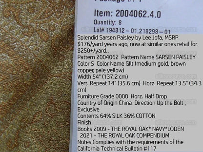 By Yard Lee Jofa Sarsen Paisley Gilt Gold Classy Silk Damask Renaissance MSRP USD 176/yard