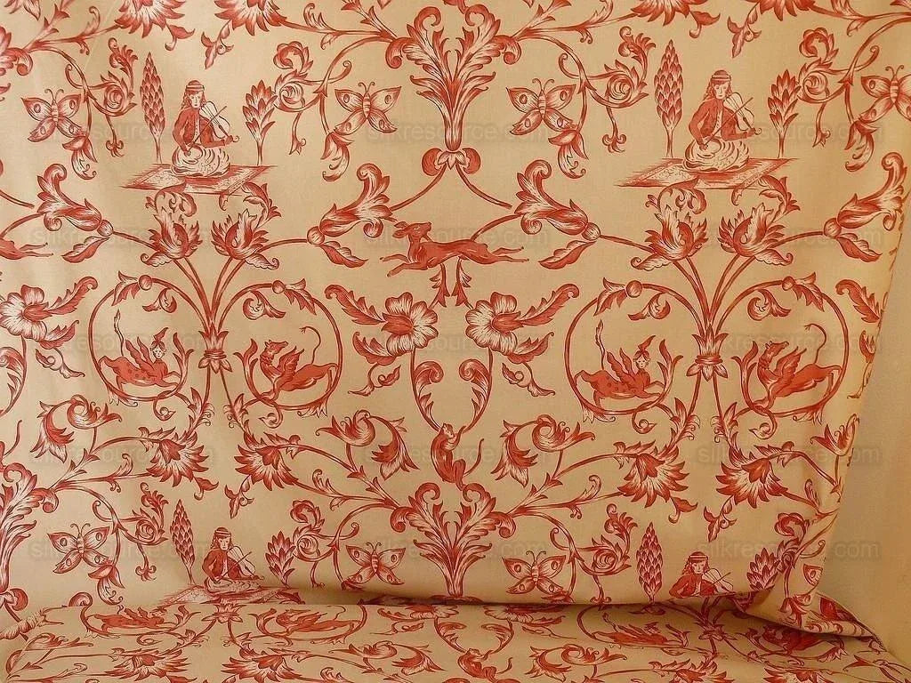 Lee Jofa Dambura Print Monkey Griffin Deer Music Toile Cotton Chintz Red Madder