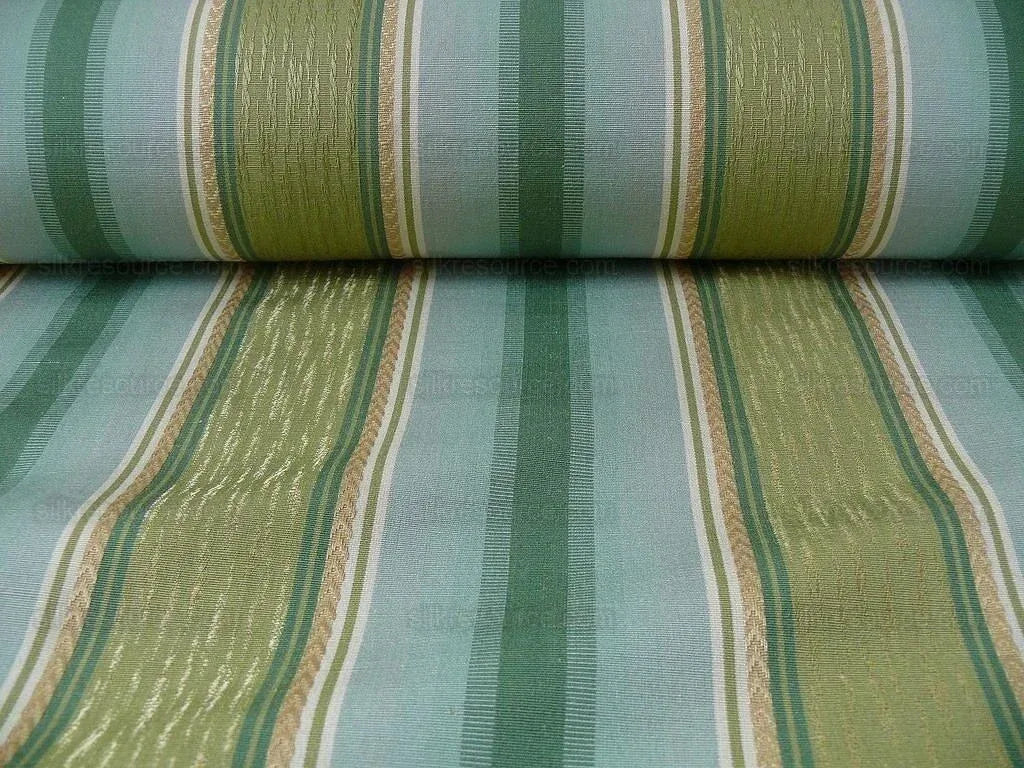 Lee Jofa Bancroft Stripe Leaf Mint Green Blue &amp; Gold Linen Stripe France