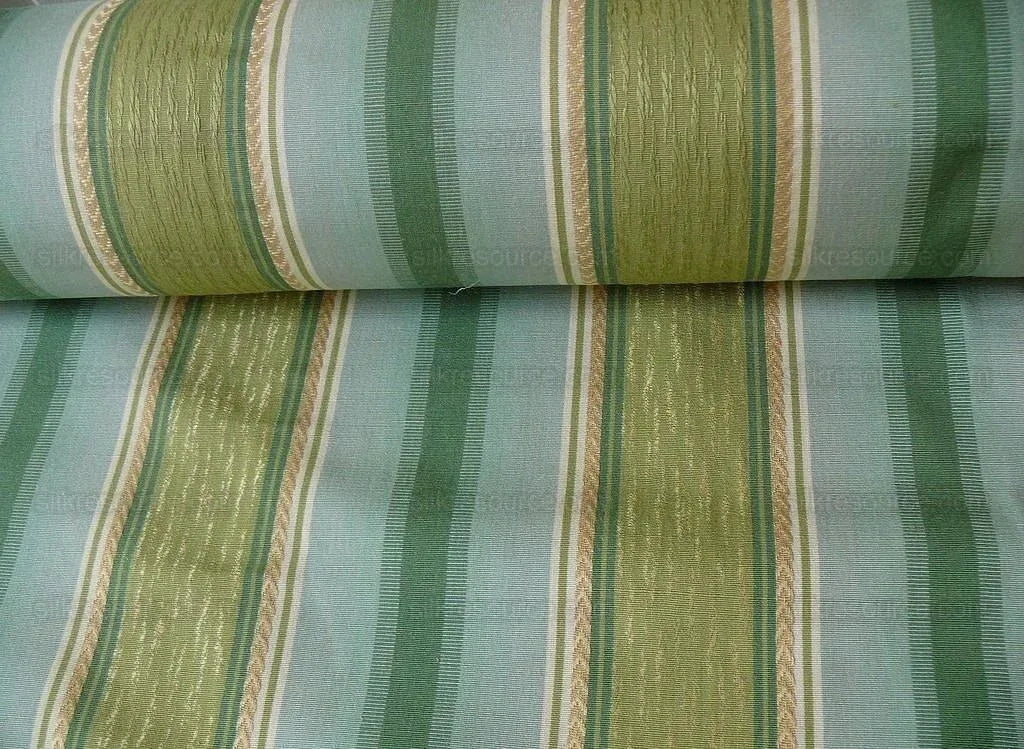 Lee Jofa Bancroft Stripe Leaf Mint Green Blue &amp; Gold Linen Stripe France