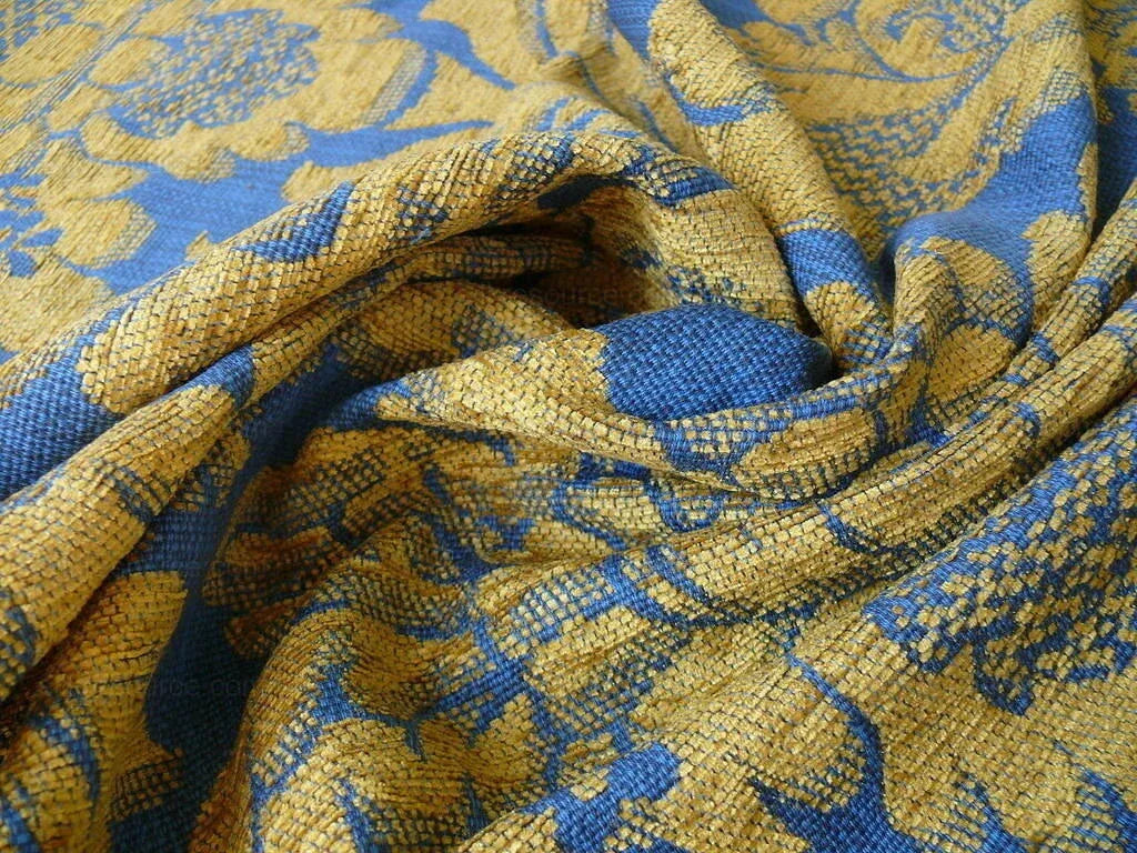 Bty Lee Jofa Middlecrest Chenille Grand Damask Royal Blue Gold Yellow from France