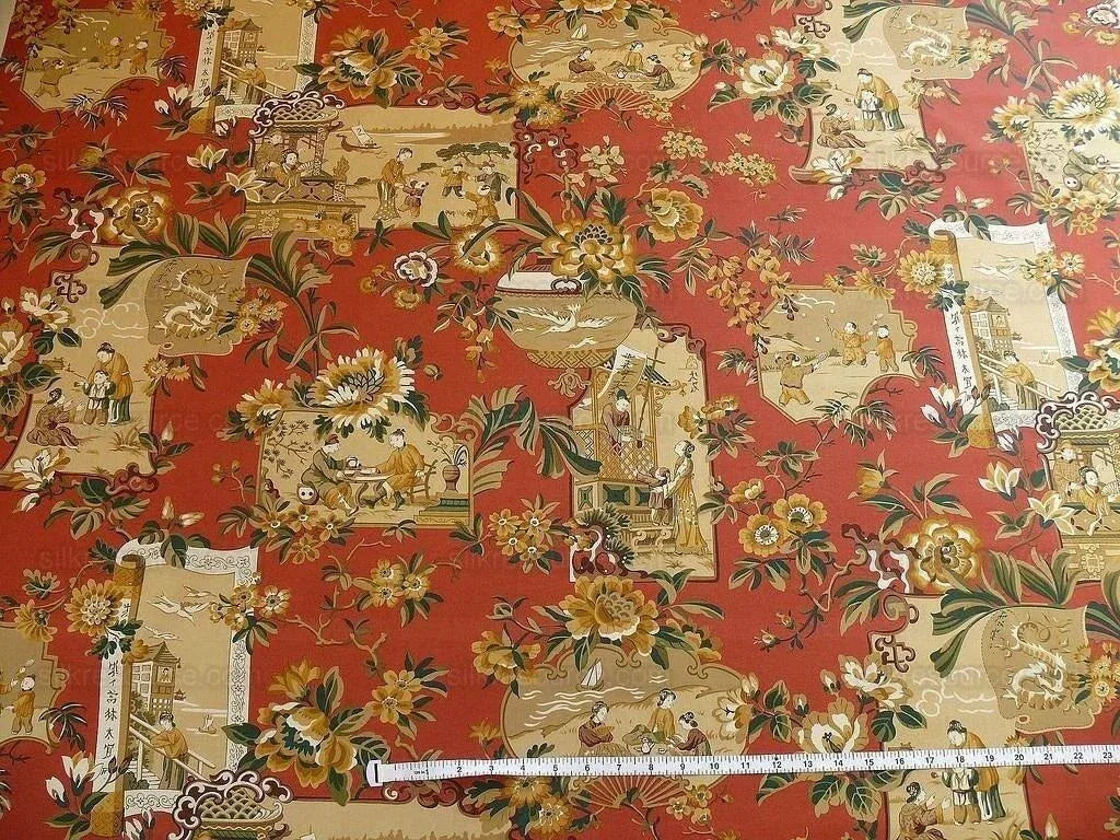 1.25y Lee Jofa Chinois En Medaillons Chinese Scene Lacquer Red Gold Brown MSRP USD176/Y