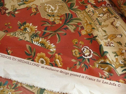 1.25y Lee Jofa Chinois En Medaillons Chinese Scene Lacquer Red Gold Brown MSRP USD176/Y