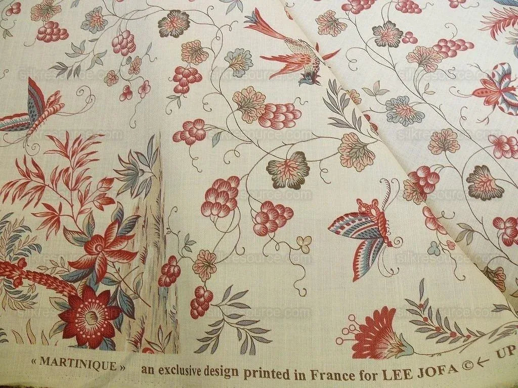 Lee Jofa Martinique Prin.red & Blue Chino Bird Linen Print Pink
