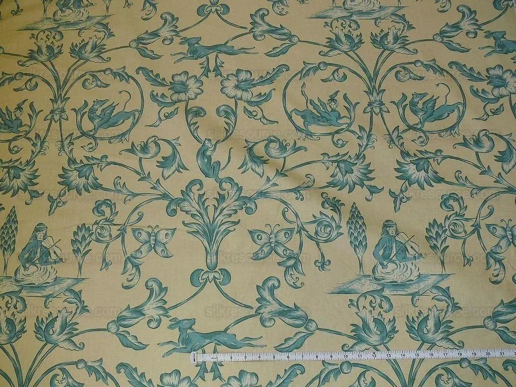 Lee Jofa dambura Print Monkey Griffin Shalima Turquoise Blue Green On Cream Deer Music Toile Cotton Chintz