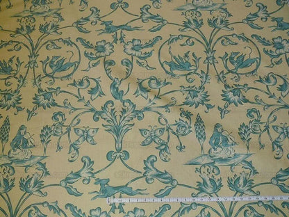 Lee Jofa dambura Print Monkey Griffin Shalima Turquoise Blue Green On Cream Deer Music Toile Cotton Chintz