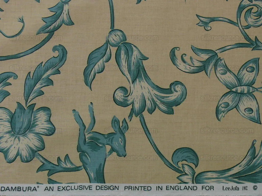 Lee Jofa dambura Print Monkey Griffin Shalima Turquoise Blue Green On Cream Deer Music Toile Cotton Chintz