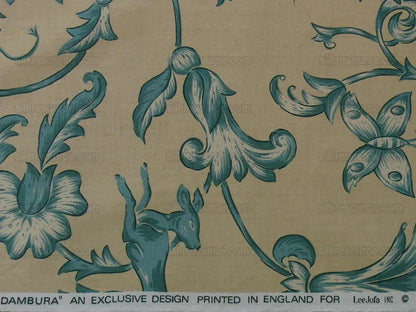 Lee Jofa dambura Print Monkey Griffin Shalima Turquoise Blue Green On Cream Deer Music Toile Cotton Chintz