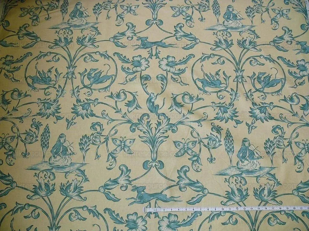 Lee Jofa dambura Print Monkey Griffin Shalima Turquoise Blue Green On Cream Deer Music Toile Cotton Chintz