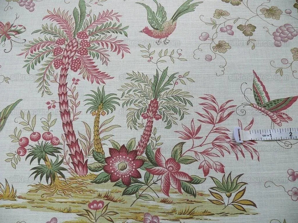 Lee Jofa Martinique Prin.red &amp; Green Chino Bird Linen Print Pink