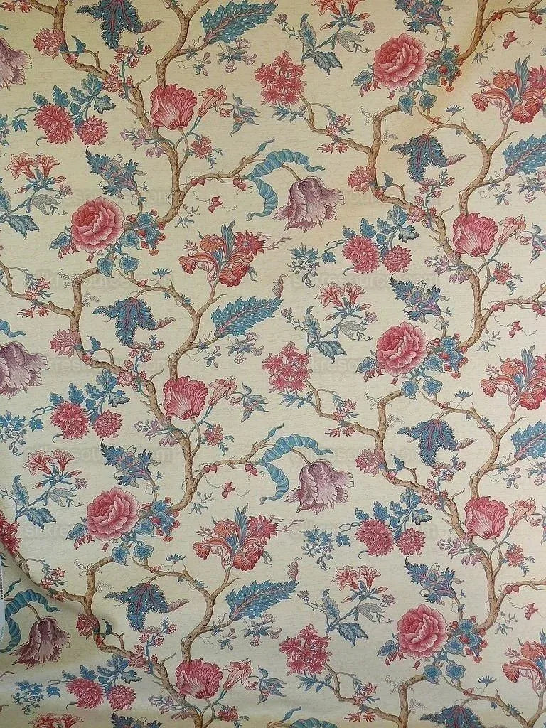 Lee Jofa Fabric - Gujarat Linen Tree Of Life Red Blue On Beige - 3 Yards