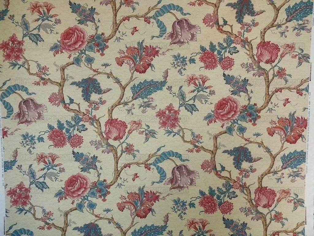 Lee Jofa Fabric - Gujarat Linen Tree Of Life Red Blue On Beige - 3 Yards