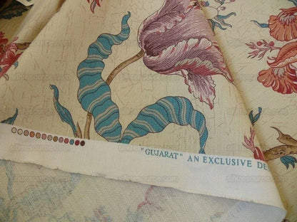 Lee Jofa Fabric - Gujarat Linen Tree Of Life Red Blue On Beige - 3 Yards