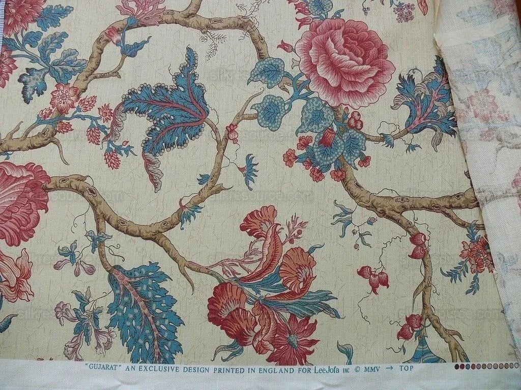 Lee Jofa Fabric - Gujarat Linen Tree Of Life Red Blue On Beige - 3 Yards
