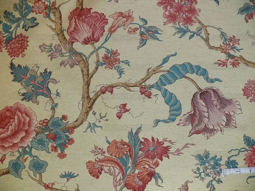 Lee Jofa Fabric - Gujarat Linen Tree Of Life Red Blue On Beige - 3 Yards