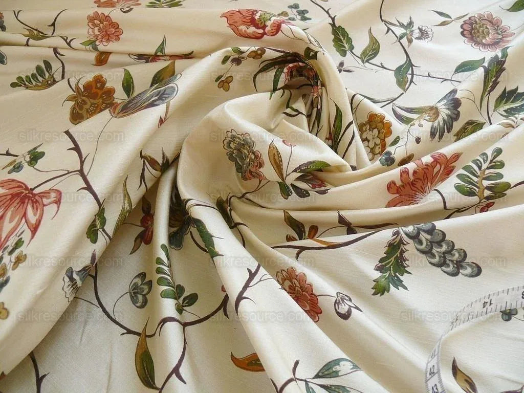 Calimere Silk Print Historical British Silk Print ivory Jasmine Pink Green Ivory Off White