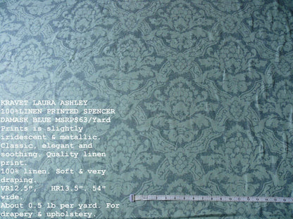 By Yd Kravet Laura Ashley 100% linen Print Spencer Damask Cool Water Blue Gilded  #874