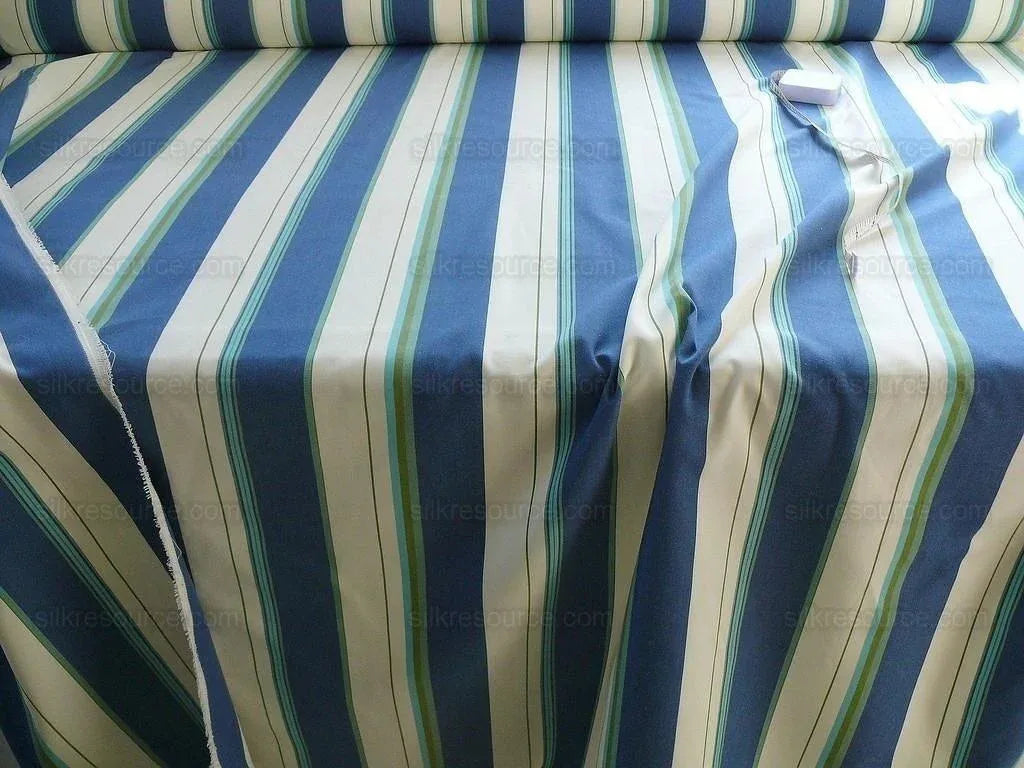 By Yd Designer Blue White Lime Green Woven Stripe Wide Nautical Ticking mid-Century