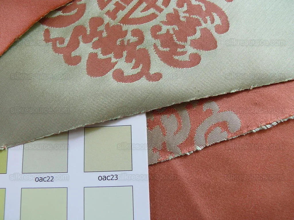 Scalamandre Chinese Disk Coral Red Mint Green Silk Damask Triang