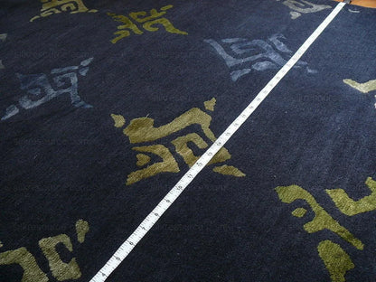 Endless Knot Silk &amp; Wool Tibetan Athana Rug Azure Chartruse 5'x3