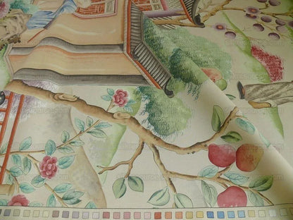 Clarence House Les Grand Tableau Chinoise Chinoiserie Figure Garden Pavillion Print Iconic 48 Screens Hand Printed in Italy MSRP USD 642/Y